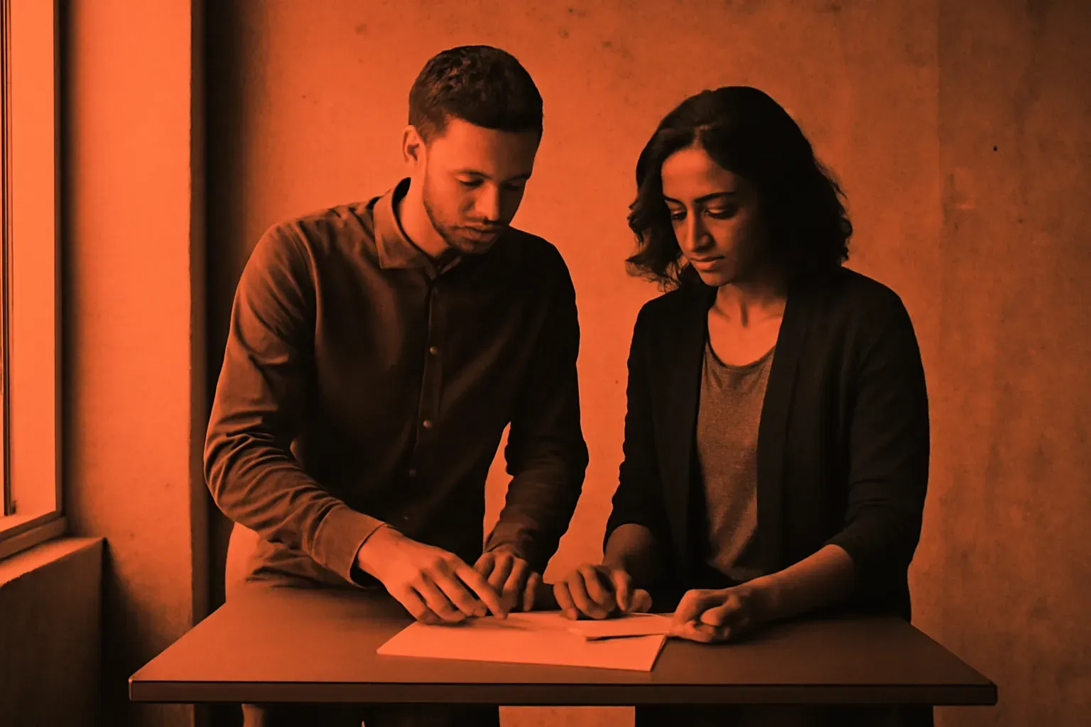 Two colleagues reviewing a printed report together in a studio office.
